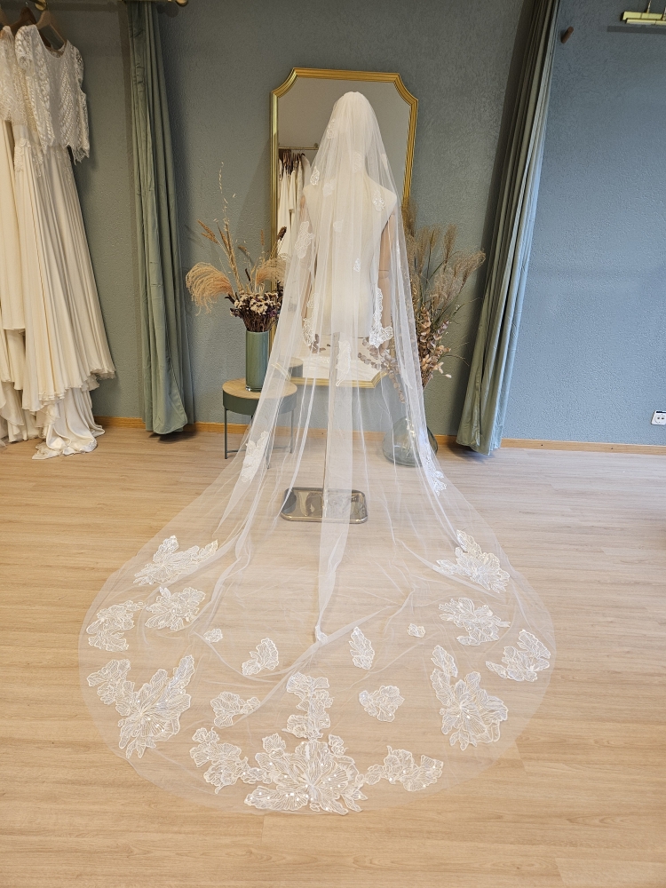 Voile de mariee 3m en tulle fin avec dentelle sequins #1249